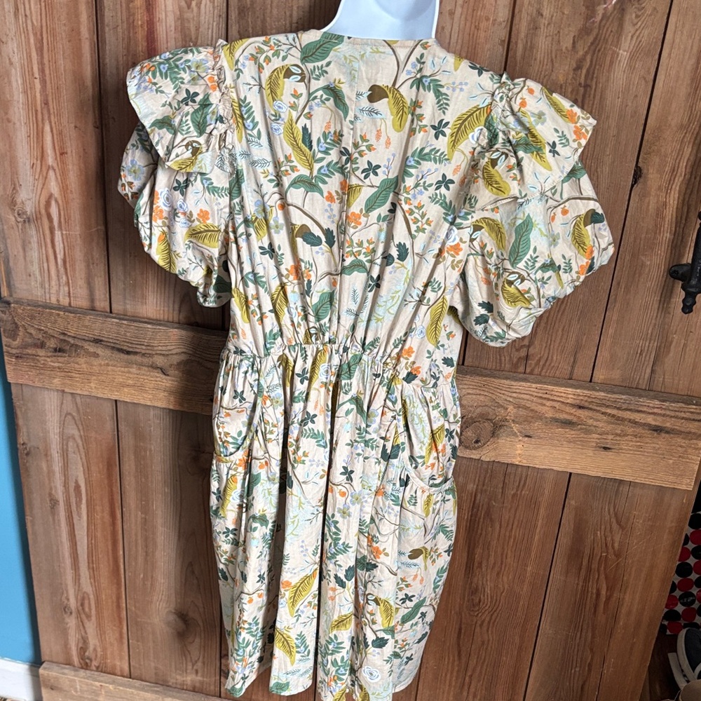 entro Cream Floral Tie-Front Midi Dress with Green and Yellow Print - Picture 5 of 7